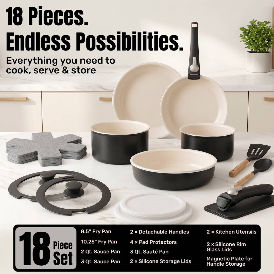 Gotham Steel 18pc Set Detachable Handle in Black