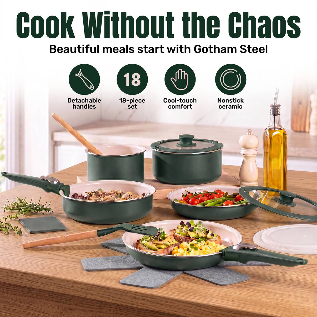 Gotham Steel 18pc Set Detachable Handle in Green
