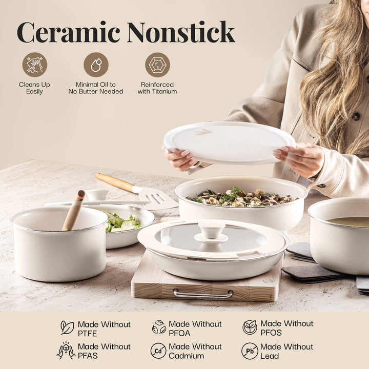 Gotham Steel 18pc Set Detachable Handle in Cream