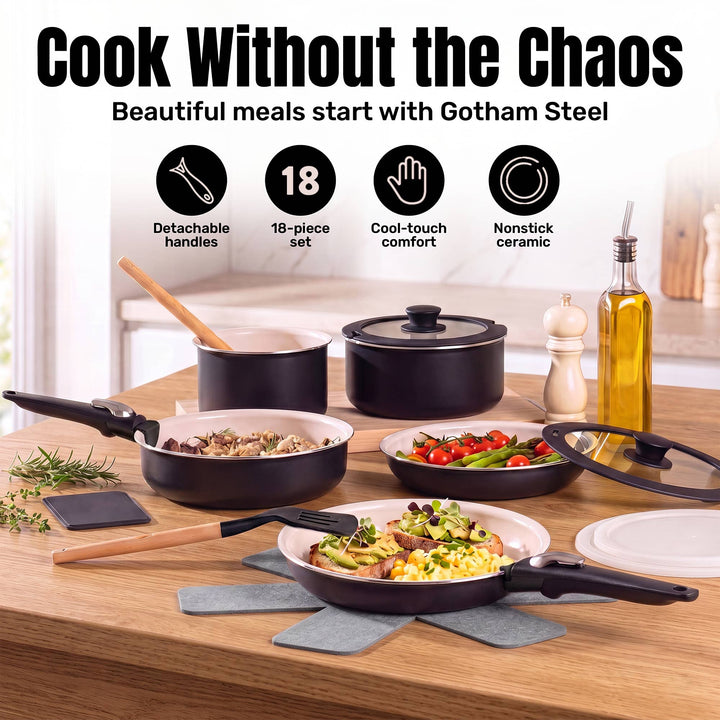 Gotham Steel 18pc Set Detachable Handle in Black