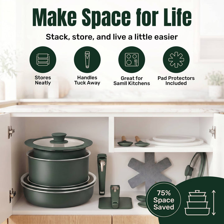 Gotham Steel 18pc Set Detachable Handle in Green