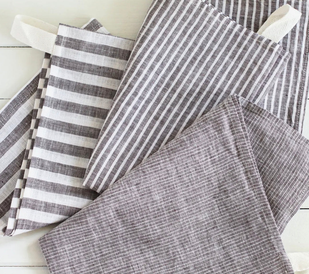 Brown Striped Linen Cotton Tea Towel-Set of 3