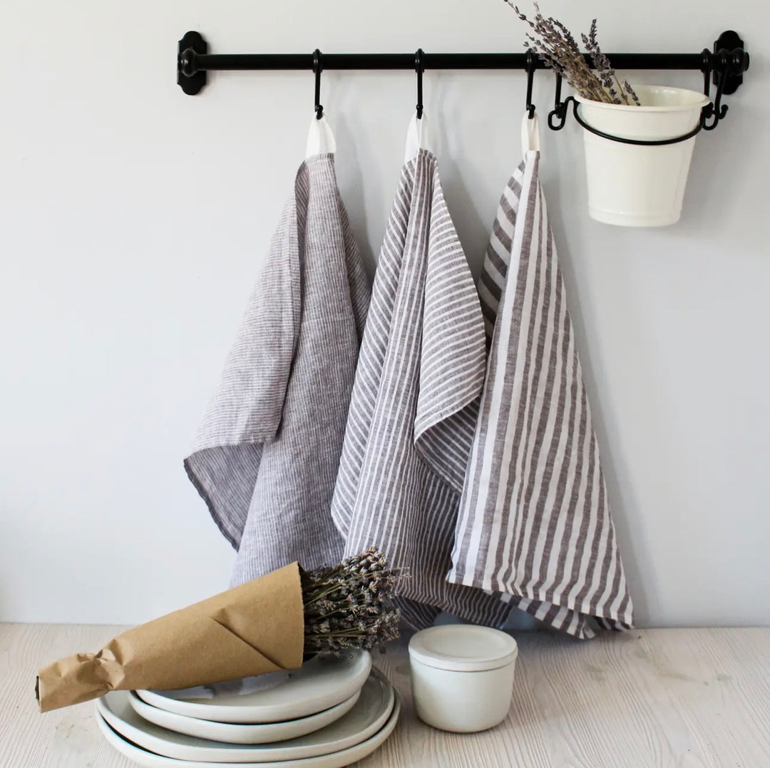 Brown Striped Linen Cotton Tea Towel-Set of 3