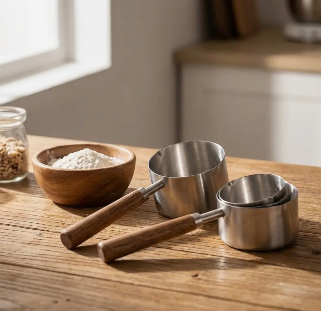 Stainless Steel Measuring Cups w/Wooden Handles (4-Piece Set)