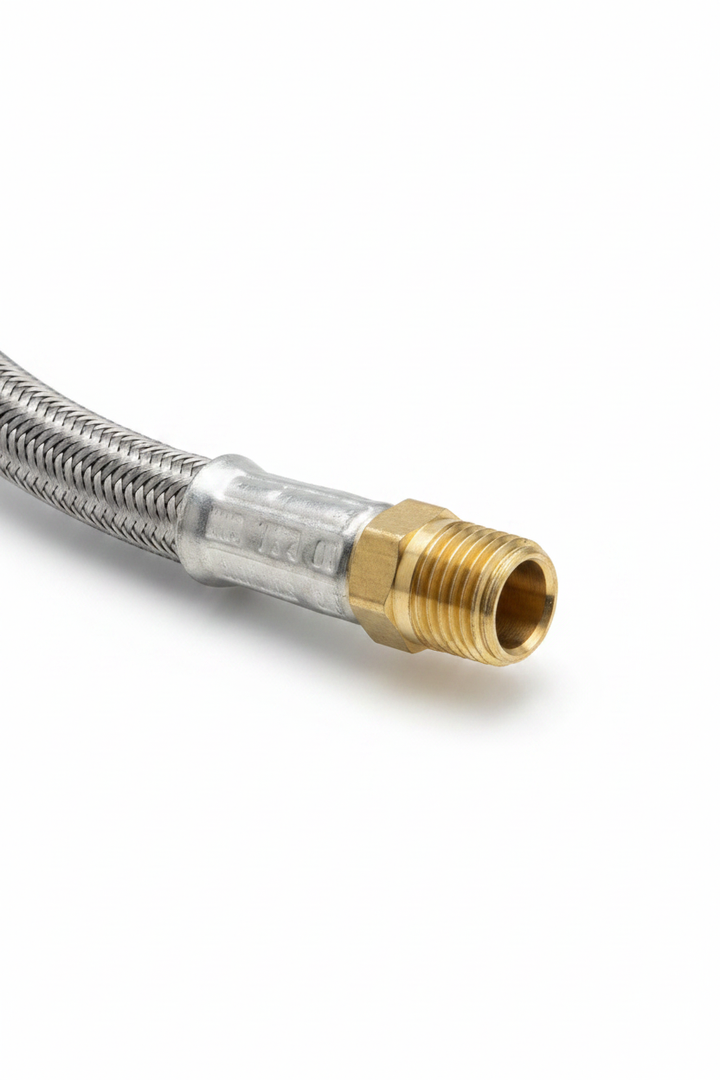Braided Hose Brass NPT Fitting – White Background with Drop Shadow