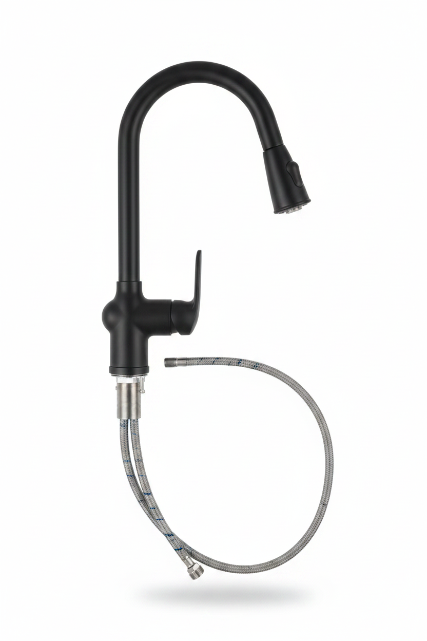 Matte Black Pull-Down Faucet - White Background with Drop Shadow