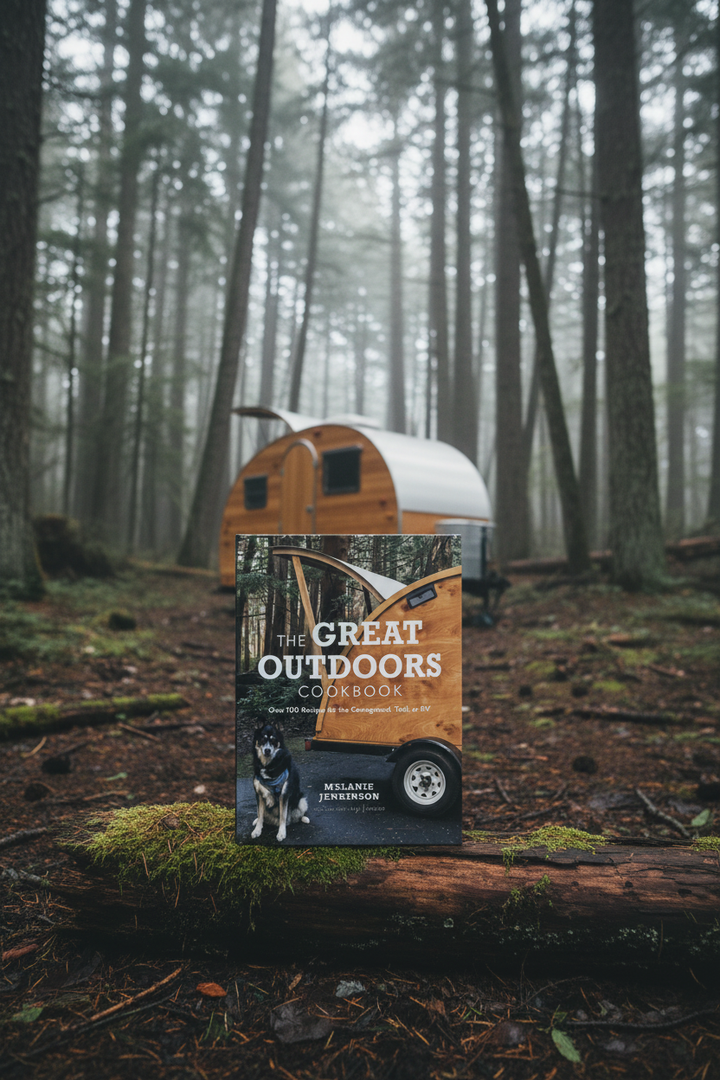 The Great Outdoors Cookbook in a Forest with Teardrop Trailer