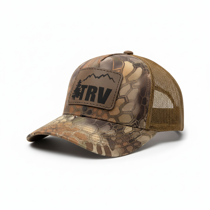 TRV Tan Camo Hat – White Background with Shadow