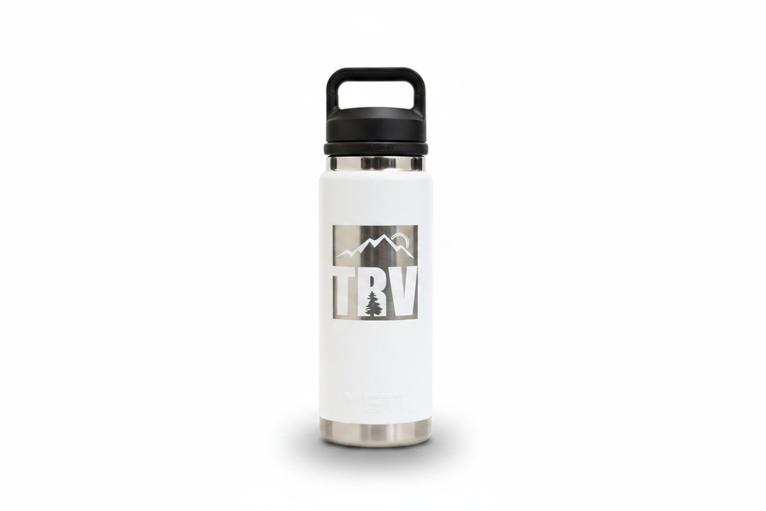 TRV Water Bottle Upright - White Background with Drop Shadow