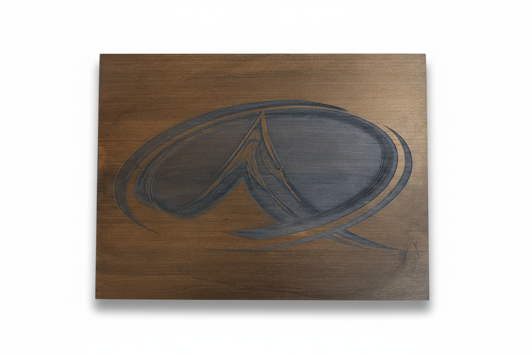 Wood Carved Logo Plaque on White Background
